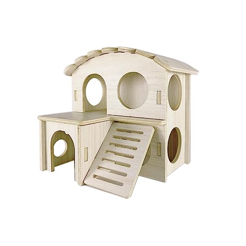 Hamster Hideout Cage Accessories - Hamster House and Habitat Wooden Hide Hut with Climbing Ladder and Platform for Dwarf Gerbils and Mouse Mice Rat Other Small Animals etc.