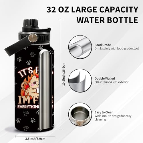 Cat 32oz Water Bottle, with Handle Lid Bottle, Sport Insulated Cup | 32oz Stainless Steel Tumbler, Leak-proof Coffee Mug, Thanksgiving Christmas Birthday Gift for Cat Lovers - color: Fine