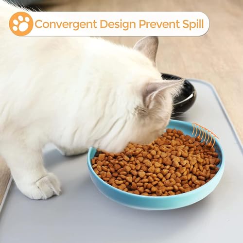 Ceramic Cat Bowls,Shallow Cat Dishes for Food and Water, 6 inch Matte Finish Wide Cat Food Bowl,Whisker Fatigue Free Pet Puppy Kitten Bowl Set of 3,Dishwasher Safe - color: Blue-3pack