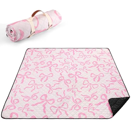 SmoothNovelty Pink Bow Picnic Blanket 80'' x 80'' Waterproof Extra Large Camping Blanket Coquette Picnic Mat Foldable Portable Preppy Outdoor Beach Mat with Carry Strap for Outdoor Grass Lawn Park - color: Pink