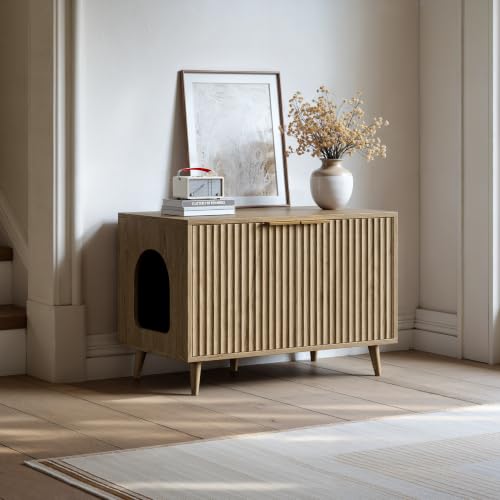 Evermagin 31.5" Cat Litter Box Enclosure Furniture with Legs | Oak Hidden Litter Box Cabinet, Modern Indoor Cat House, Fluted Kitty End Table for Living Room, Bedroom, Entryway - color: NA Oak