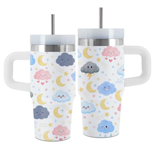 Cloud 14 oz Tumbler, with Handle Straw, Stainless Steel Travel Cup | 14 oz Insulated Water Bottle, Travel Vacuum Coffee Mug, Thanksgiving Christmas Birthday Gift for Daughter, Sky Lover Gifts - color: Cloud-White