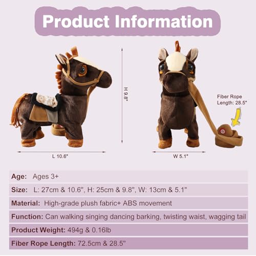Marsjoy Black Walking Pony Toy Musical Singing Dancing Plush Interactive Walk Along Toy Horse with Leash Pony Robot Stuffed Animal for Boy Girl Ages 3+ H: 11.81" Age 3+ - color: Black Pony