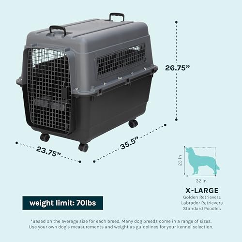 SportPet Airline Compliant X-LARGE 35.5" Travel Dog Kennel-Durable Plastic Airline Pet Carrier w/Removable Wheels & Food Bowls, Collapsible Indoor/Outdoor Dog Kennel, Dogs up to 32"L & 23"H-Dark Gray - color: Dark Gray