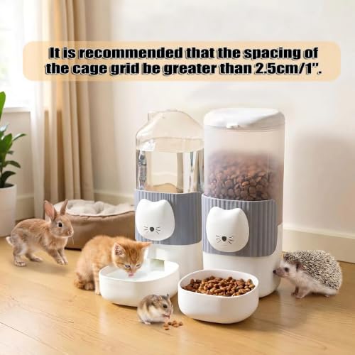 Automatic Rabbit Feeder and Water Dispenser Set,54oz Gravity Food Feeder&17oz Leak-Proof Water Bottle for Guinea Pigs,Small Animals,Chinchillas,Ferrets,Cage Mount Feeding Station（Cat Head）