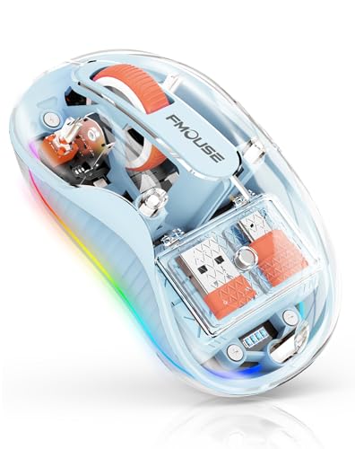 FMOUSE Transparent Wireless Mouse, Tri-Mode Bluetooth & 2.4GHz, Blue | USB-A & USB-C Receiver | Rechargeable | 3 Devices for MacBook Laptop iPad PC | Silent Clicks | Portable | RGB | 4-Level DPI - color: Blue