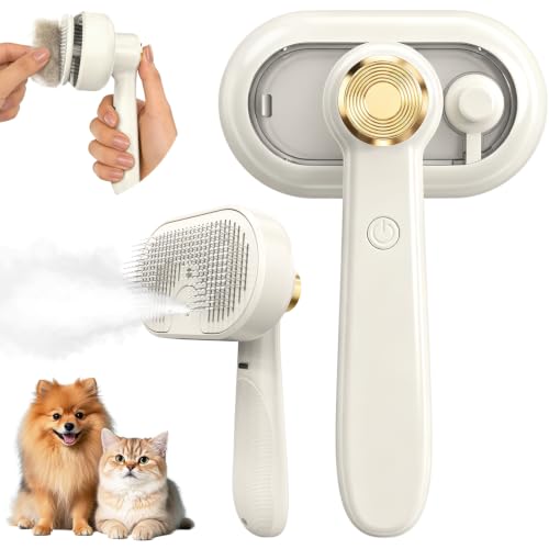 Glendan Pet Steam Brush for Dogs & Cats, 3-in-1 Self Cleaning Shedding | Spray Grooming Comb with Mist, Brush Softens Fur, Reduces Static, USB Rechargeable, for Long Short Hair and Bath-Hating Pets - color: White, size: Large