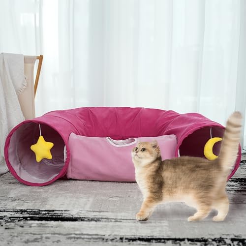 Cat Tunnel, Large Indoor Durable Collapsible Interactive Cat Tube with Peek-A-Boo Hole, Hanging Toys, and Crinkly Paper Lining - Cute Tunnel for Cats, Kittens, Puppies & Rabbits, Pink - color: PINK