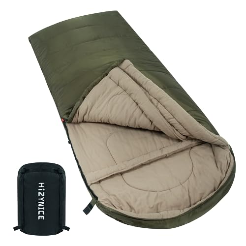 HiZYNICE Sleeping Bags for Adults XXL Cold Weather | 100% Cotton Flannel Winter Camping Large 90 x 39 in,Compression Sack Included - color: Green, size: 0F Right Zip