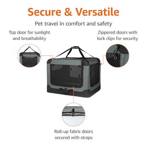 Amazon Basics 4-Door Portable Folding Soft Dog Crate, Collapsible Travel Kennel for Cat, Dog, and Small Animals, Pop Up with Fleece Mat, Water-Resistant Base, Grey, 36" x 24" x 24" - color: Grey, size: L 36" x 24" x 24"