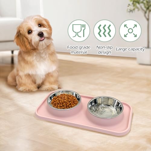 BNOSDM Double Dog Food Bowls Stainless Steel Dog Food and Water Bowls with Non-Spill Plastic Mat Pet Cat Feeder Bowl Set for Puppy Cats Kitten Small Medium Dogs Pink - color: Pink