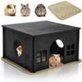 Wooden Hamster Hideout with Window Door, Soft Mat | Detachable Small Animal Guinea Pig House, Woodland House Habitats Decor for Chinchilla Mice Gerbils Mouse Dwarf