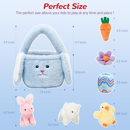 Vposyako 7 Piece Easter Basket Eggs Playset Stuffed Rabbit Chick Lamb Toy Set for Kids Girls Boys Ages 3+ Easter Bunny Basket Plush Sensory Toys Soft Plush Toy for Easter Party Favors - style: Blue Easter Basket