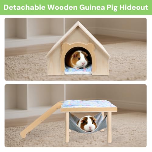 Guinea Pig Hideout- Wooden Guinea Pig Toys with Stairs and Mat & Hammock, Detachable Double-Decker House for Small Animal Toys for Hiding Sleeping Activities