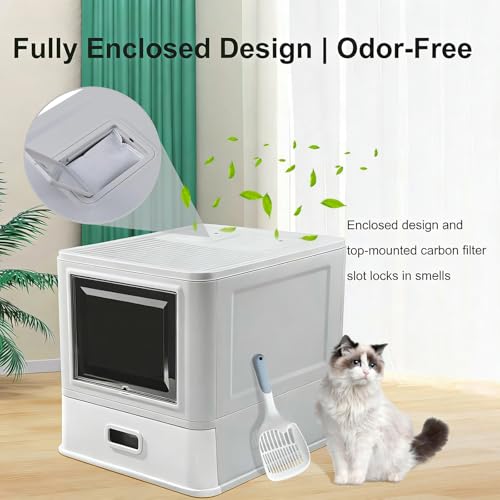 Marchul Enclosed Stainless Steel Cat Litter Box with Lid & Drawer Design for Indoor All Lifestyles Cats, Metal Covered Cat Litter Box, Baffles for Anti-Leakag, with Litter Scoop & Litter Mat