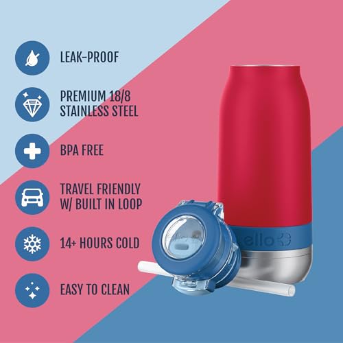 Ello Emma 14oz Insulated Stainless Kids Water Bottle with Straw, Red Splash | Insulated stainless steel kids water bottle with straw, leakproof locking lid, carry handle, and cold drinks for school - color: Red Splash