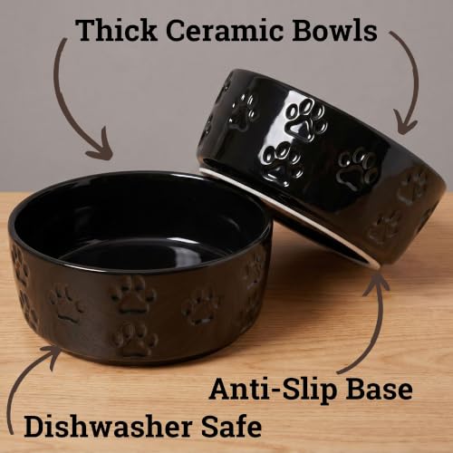Ceramic Dog Bowl Set of 2 with Anti-Skid Base, 5.5"W x 2"H, 2 Cup Capacity | Thick Ceramic, Dishwasher Safe, Anti-Skid Rubber Base, 2 Cups per Bowl, Ceramic Food and Water Bowls Set of 2 for Small Dogs - color: Black, size: Small