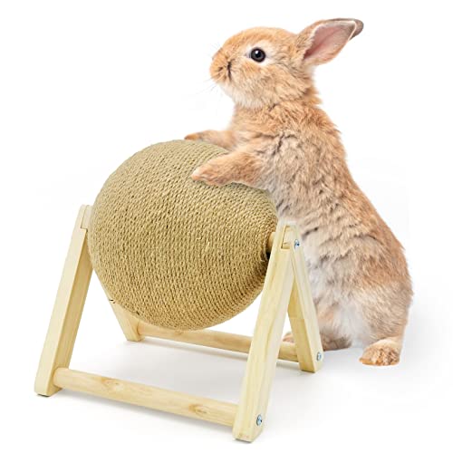 Fhiny Bunny Scratch Toy, Natural Solid Wood Sisal Scratching Ball for Indoor Kittens, Claws Scratching Ball for Kitten Bunny Guinea Pig Chinchilla Ferret or Other Small Animals (Medium) - style: Medium Scratch Toy