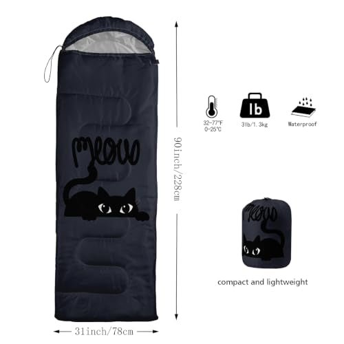 AILONEN Midnight Meow Sleeping Bag, Charcoal Cat Eyes Crescent Graphic, Portable Camp Sack Sleepover Style - color: Midnight Meow