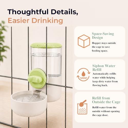 34 oz Hanging Water Dispenser for Small Animals, Guinea Pigs & Rabbits | Secure Mount | Adjustable Height | One-Way Flow | Outside Refill | Easy Cleaning - color: Light Green