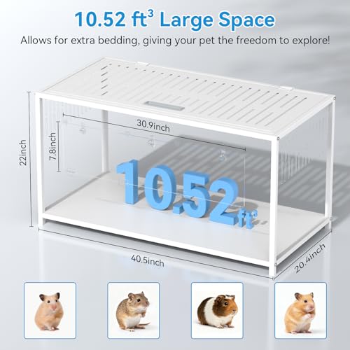 Large Metal Hamster Cage - Chew Proof Syrian Hamster Cage & Habitat with Acrylic Panels, Top Open, Breathable, Big Hamster House for Gerbils, Guinea Pigs, 40.5 x 20.4 x 22 Inch, White