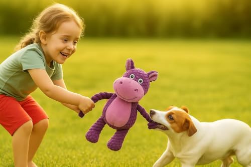 Plush Hippo Dog Toy with Squeaker and Crinkle Paper for Puppies | Soft plush texture with crinkle details, perfect for tossing, carrying, indoor play and interactive bonding with your pet. - color: Purple