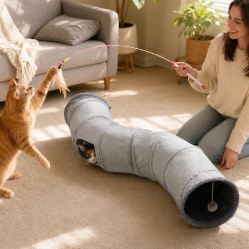 Cat Tunnels for Indoor Cats, 6-in-1 Collapsible Crinkle Play Tunnel | Interactive Roller Track Ball, Cat Enrichment Toy for Kittens Rabbits, Exercise Hide & Seek Tube for Indoor Outdoor Play