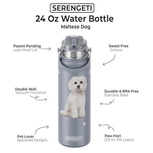 SERENGETI 24 Oz Water Bottle Stainless Steel with Spill Proof Lid - Double walled Vacuum Insulated water flask - Realistic 3D Print of your favorite dog (Maltese) - color: Maltese