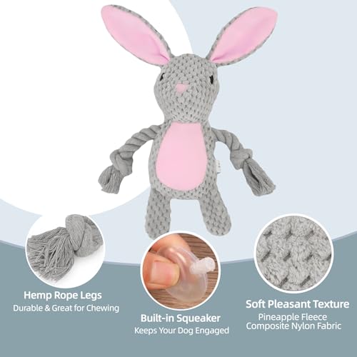 Plush Bunny Dog Toy, Squeaky Tug Toy with Rope Arms for Small Medium Dogs | Cute plush toy with sound features, designed for small and medium dogs, indoor play and daily entertainment - color: Grey