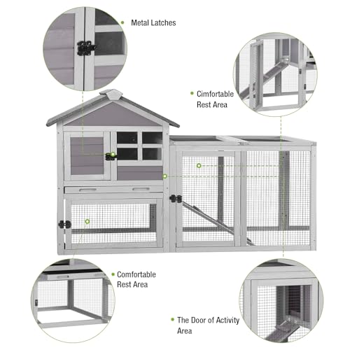 51.6’’ Large Rabbit Hutch Indoor Outdoor, Bunny Cage with Run, Wooden Rabbit House with Anti-Chewing Ramp, Waterproof Roof and Leakproof Deeper Tray (Grey) - color: Grey