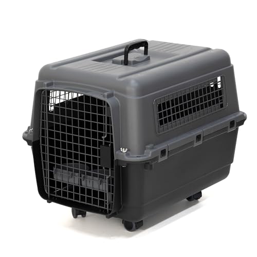 SportPet Airline Compliant MEDIUM 26.5" Travel Dog Kennel-Durable Plastic Airline Pet Carrier w/ Removable Wheels & Food Bowls, Collapsible Indoor/Outdoor Dog Kennel, Dogs up to 23"L & 15"H-Dark Gray - color: Dark Gray