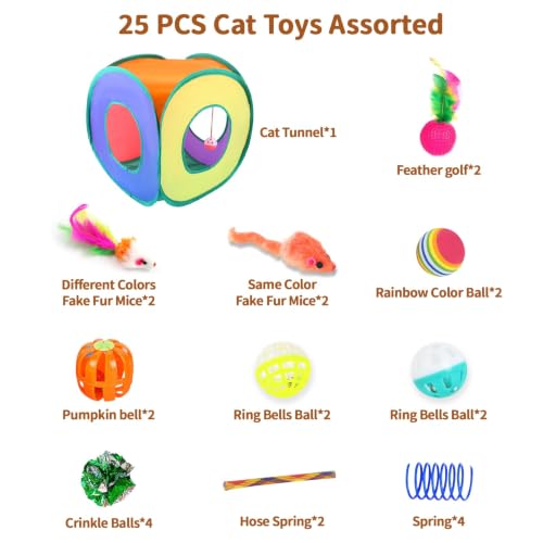 iCAGY 25 Pcs Cat Toys Set, Cat Cube Tunnel Toy for Indoor Cats, Kittens | Interactive Variety Pack, Cat Cube Tunnel, Feather Golf, Mice, Springs, Balls, Noise Toys - Rainbow/Colorful