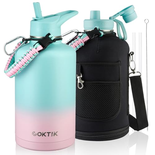 COKTIK 84oz Insulated Water Bottle - Stainless Steel Vacuum Metal, Portable ½ Gallon Large-Capacity Sports Bottle with Straw, Carry Bag and Handle Strap, Ideal for Gym & Hiking（Bubble Gum) - color: Bubble Gum, size: 84 Ounces