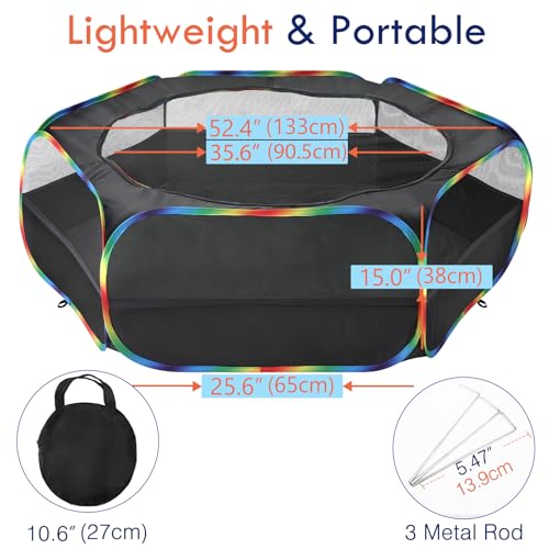 Pawaboo Small Animal Playpen with Zippered Cover, Black + Rainbow | Portable pop-up pet tent for supervised rabbits, guinea pigs, chicks and kittens; water-resistant bottom and 3 metal rods - color: Black + Rainbow