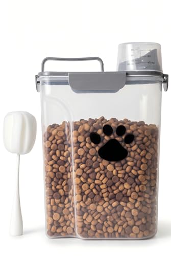 5-7Lbs Dog Cat Food Storage Container with cleaning brush | 4 Snap Seals,Portable Pet Food Containers with Upgraded Large Nozzle and Measuring Cup,Cats,Birds(Large-Grey) - color: 6QT-Grey