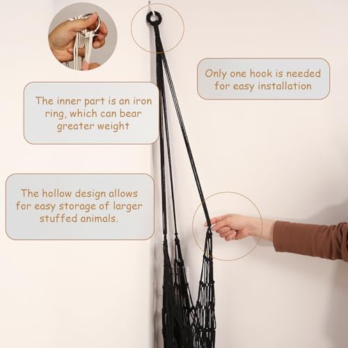 Amdermi Stuffed Animal Storage Hammock Corner Hanging Net Stuffy Animal Hammock Macrame Toy Display Plush Toy Holder for Kid Bedroom Decor Boho Nursery Playroom Organizer (Black) - color: Black