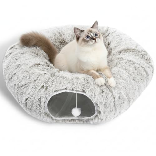 AUOON Plush Cat Tunnel Bed for Indoor Cats, 36" L x 36" W x 11.5" H, Khaki | 2 in-1 Interactive Cat Toy, with Hanging Ball Toy, Machine Washable Center Pad, for Kitten Puppy Rabbit Ferret - color: Khaki
