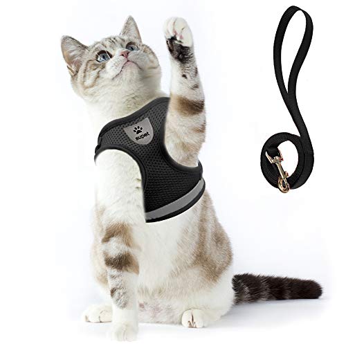 Supet Cat Harness and Leash Set - Soft Mesh Adjustable Cat Vest Harness with Reflective Strap for Walking Cat and Puppy Rabbit - color: Black, size: S (Chest: 9.5" - 13.0")
