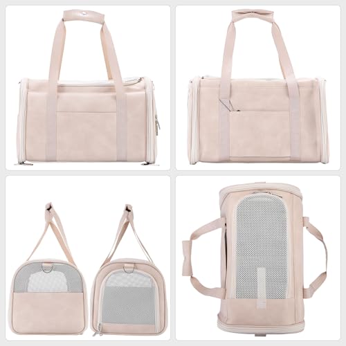 Fashion Dog Carrier Pet Carrier Airline Approved Cat Carrier for Small Dogs Cats Under 15 Lbs, Vegan Leather Collapsible Soft Sided Travel Puppy Carrier - color: Off-White