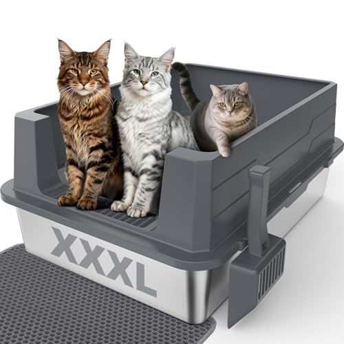 Stainless Steel Litter Box Extra Large for Big Cats Multi-Cats, Jumbo Extra Large Metal Cat Litter Box with High Sided Lid, Anti-Urine Leakage, Non-Stick,Include Litter Scoop - color: Dark Grey, size: XXXL