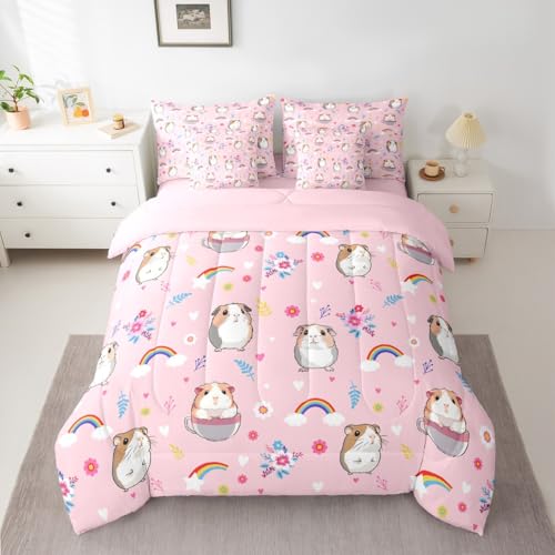 Erosebridal 7 Pcs Cartoon Guinea Pig Bed in A Bag Cute Colorful Wildflower Comforter Set for Kids Boys Girls Kawaii Dreamy Rainbow Bedding Sets Twin Funny Floral Animal Theme Sheet Set with Comforter - color: Pink White Brown, size: Twin