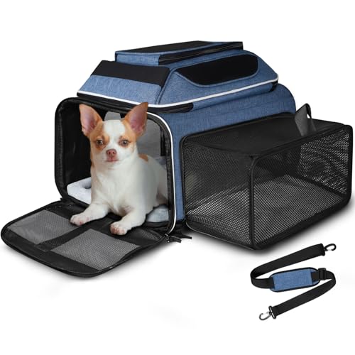 Top and Side Expandable Small Pet Carrier Airline Approved, Blue | 18"Lx13"Wx9.5"H, for Southwest Airlines, Pets Under 10 Lbs, Lockable Zippers,Soft-Sided, Anti-Scratch Mesh - color: Blue, size: 18.0"L x 13.0"W x 9.5"H