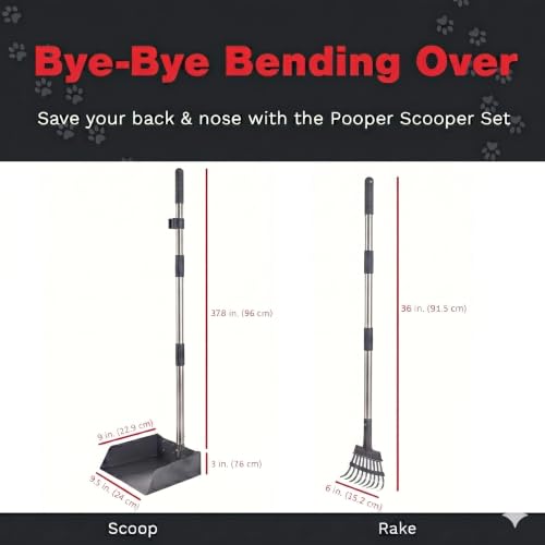 Metal Pooper Scooper for Dogs with Heavy Duty Long Handle Rake & XL Tray | Rustproof Aluminum Poop Scooper for Large Dogs, 36+" Handles and 9”W 9.5”L Extra Large Tray for Yard, Grass, Dirt & Gravel - color: 2 Piece Set - X Large- Silver