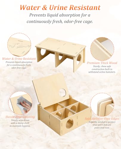 4-Piece Wooden Hamster Hideout Set, Multi-Chamber Maze House, Hideout-Tunnel & Climbing Ladder, Wood Cage Accessories for Dwarf Hamsters & Mice