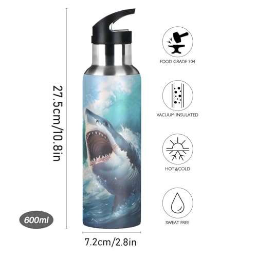 Shark Kids Water Bottles, Ocean Sea Wave Insulated Sports Vacuum Stainless Steel Mug with Straw Lid & Handle 20 oz - color: B10