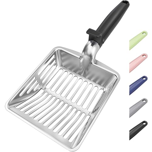 Metal Cat Litter Scoop, Large Cat Scooper with Deep Shovel & Dual Sifting Holes for Fast & Precise Sifting, Space Aluminum Kitty Litter Scooper with Long Handle & Easy-to-Hang Hook - Black - color: Black