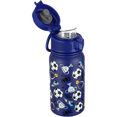 GOPPUS Kids Insulated Water Bottle 12oz, Leakproof Stainless Steel Thermos, BPA Free Double Wall Vacuum Insulated Bottle for School, Travel, Sports & Outdoor Activities, Boys Girls - color: Blue football