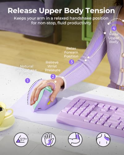 seenda MOU-302 Wireless Bluetooth Ergonomic Vertical Mouse with Volume Knob | Rechargeable 3-device mice for small/medium hands with quiet clicks, 1000/1600/2400 DPI for PC, laptop, MacBook, Green Purple - color: Green Purple