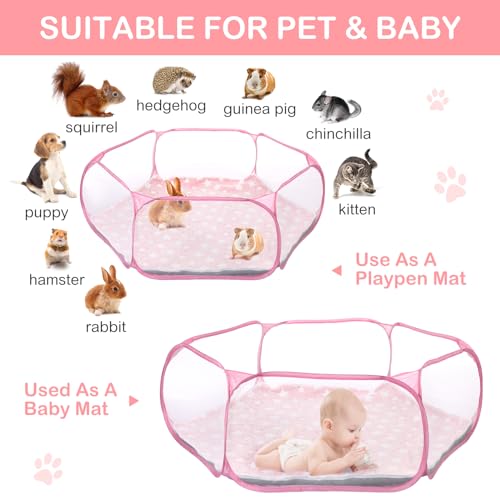 Hamster Playpen with Mat Small Animal Cage Tent Breathable Transparent Guinea Pig Playpen Waterproof Portable Yard Fence Mat Foldable Exercise Playpen Outdoor Indoor (Pink,Star) - color: Pink
