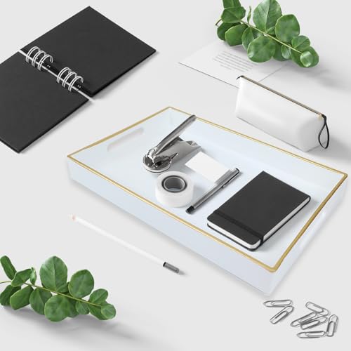 Spsyrine White Bathroom Vanity Tray with Handles for Dresser Tops, Countertop, Perfume Decorative Tray, 11.8” * 7.87” *1.37” - color: White